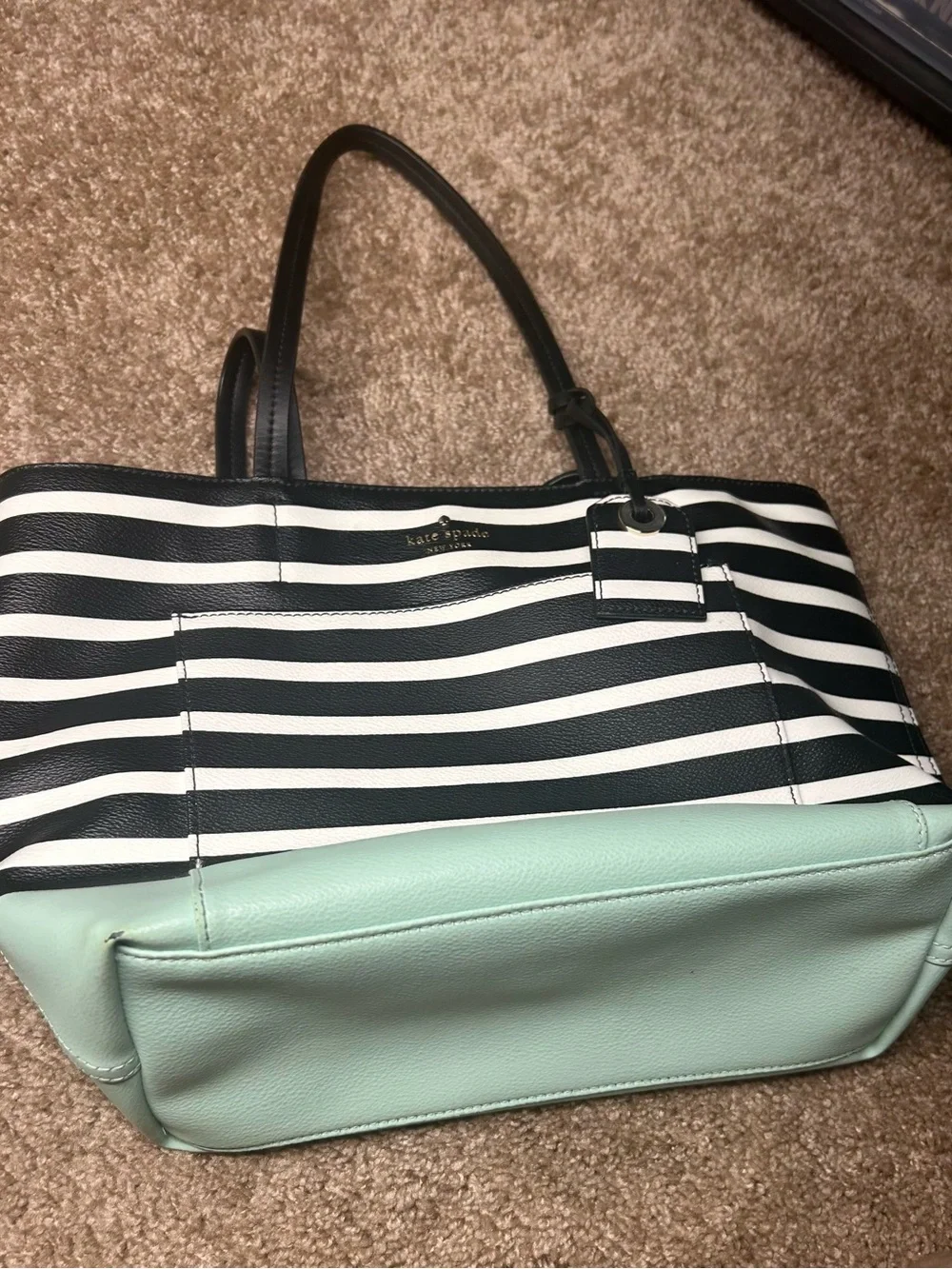 kate spade New York Black & Cream Striped Tote with Mint Base